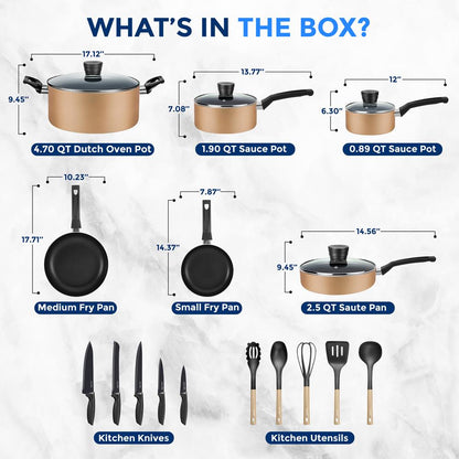 20-Piece Kitchenware Set, Even Heat, Non-Stick Coating, Gold