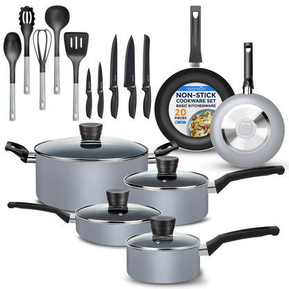 20-Piece Non-Stick Cookware Set, Even Heat, Gray