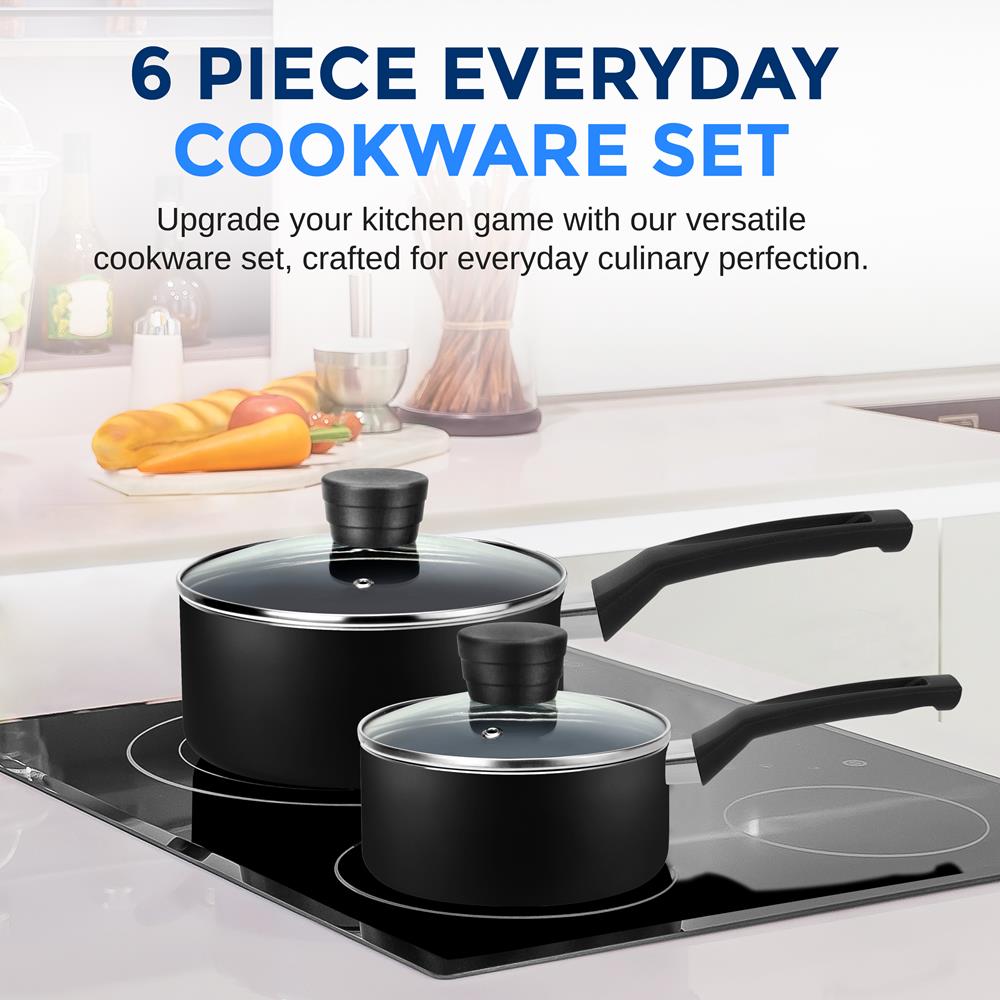 6-Piece Nonstick Cookware Set - Even Heat, Durable Coating, Black - Thumbnail 2