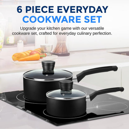 6-Piece Nonstick Cookware Set - Even Heat, Durable Coating, Black