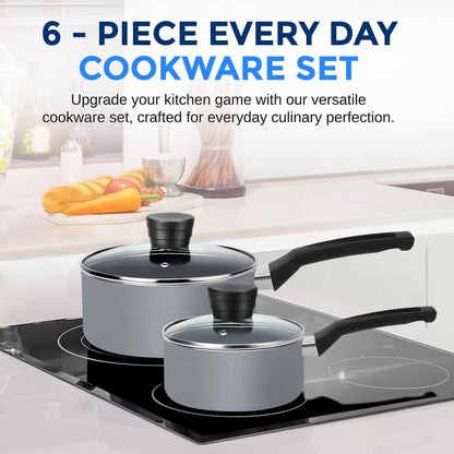6-Piece Nonstick Cookware Set - Even Heat, Durable Coating, Gray