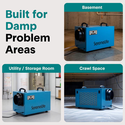 Serenelife Portable Commercial Crawl Space Dehumidifier – Energy-Efficient, 120 Ppd Moisture Removal, Low Noise, Auto Defrost, Cetl Listed, Ideal For Basements & Damp Areas (Blue)
