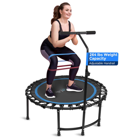 Foldable Mini Trampoline, Aerobic Fitness, Adjustable Handrail, 264 lbs Capacity