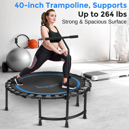 Foldable Mini Trampoline, Aerobic Fitness, Adjustable Handrail, 264 lbs Capacity