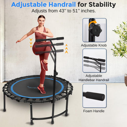 Foldable Mini Trampoline, Aerobic Fitness, Adjustable Handrail, 264 lbs Capacity