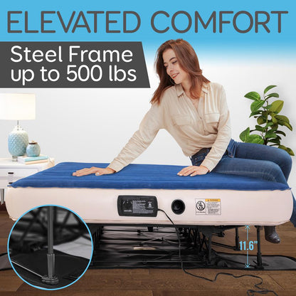 Queen Air Mattress with Frame, Self-Inflating, Plush Flocking, 20" Raised