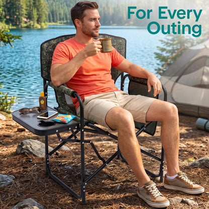 Serenelife Portable Foldable Director Chair With Side Table, Cup Holder & Carry Bag For Outdoor Use  (Green Camouflage)