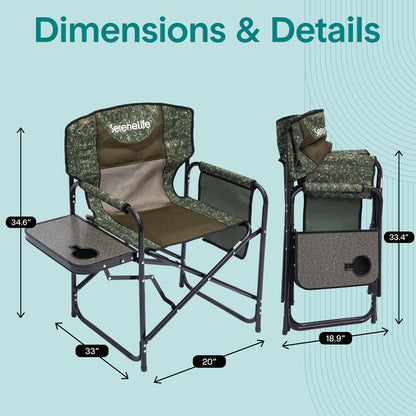 Serenelife Portable Foldable Director Chair With Side Table, Cup Holder & Carry Bag For Outdoor Use  (Green Camouflage)