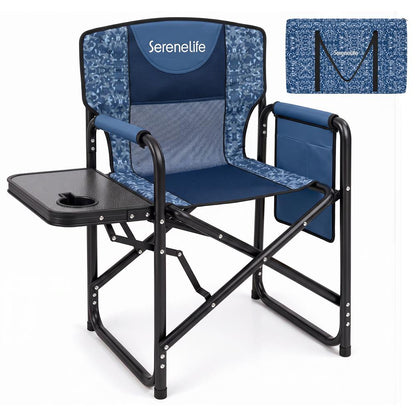 Serenelife Portable Foldable Director Chair With Side Table, Cup Holder & Carry Bag For Outdoor Use  (Blue Camouflage)