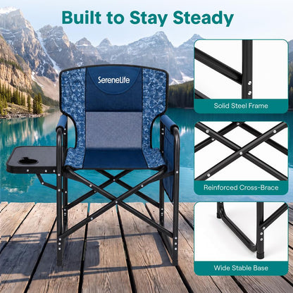 Serenelife Portable Foldable Director Chair With Side Table, Cup Holder & Carry Bag For Outdoor Use  (Blue Camouflage)
