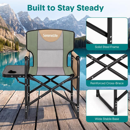 Serenelife Portable Foldable Director Chair With Side Table, Cup Holder & Carry Bag For Outdoor Use  (Green)