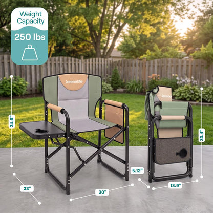 Serenelife Portable Foldable Director Chair With Side Table, Cup Holder & Carry Bag For Outdoor Use  (Green)