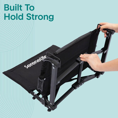 Serenelife Stadium Chair With Backrest  – Compact, Foldable, Lightweight & Durable For Outdoor Events And Sports Games (Black)