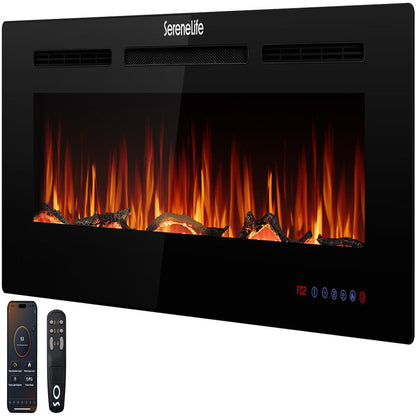 Serenelife Built-In Wall-Mounted Fireplace Heater With Decorative Led Flame, Smart Wi-Fi (Tuya App), Push-Button Panel, And Remote Control (Black)
