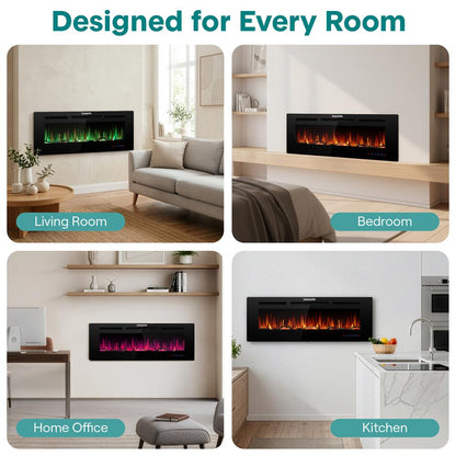 Serenelife Built-In Wall-Mounted Fireplace Heater With Decorative Led Flame, Smart Wi-Fi (Tuya App), Push-Button Panel, And Remote Control (Black)
