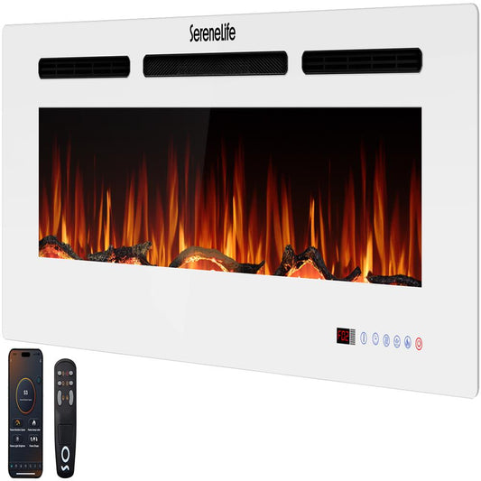 Serenelife Built-In Wall-Mounted Fireplace Heater With Decorative Led Flame, Smart Wi-Fi (Tuya App), Push-Button Panel, And Remote Control (White)