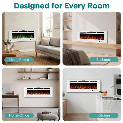 Serenelife Built-In Wall-Mounted Fireplace Heater With Decorative Led Flame, Smart Wi-Fi (Tuya App), Push-Button Panel, And Remote Control (White)