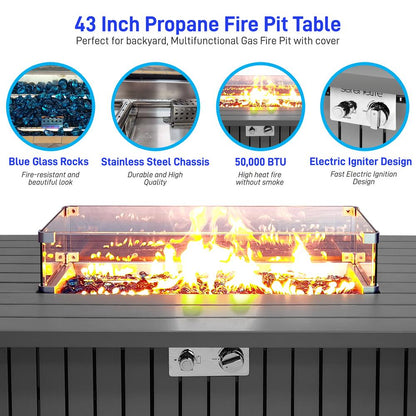 Outdoor Propane Fire Pit Table 50,000 BTU Weatherproof Glass Wind Guard