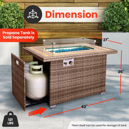 Outdoor Propane Fire Pit Table 50,000 BTU Tile Top Glass Wind Guard
