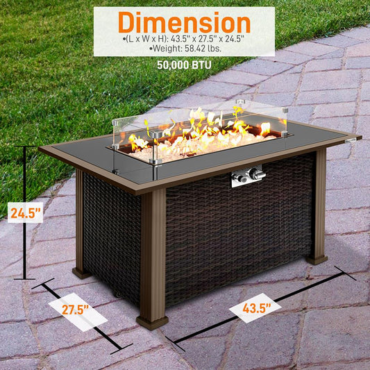 Outdoor Propane Fire Pit Table 50,000 BTU Auto-Ignition Glass Wind Guard, Rattan Brown