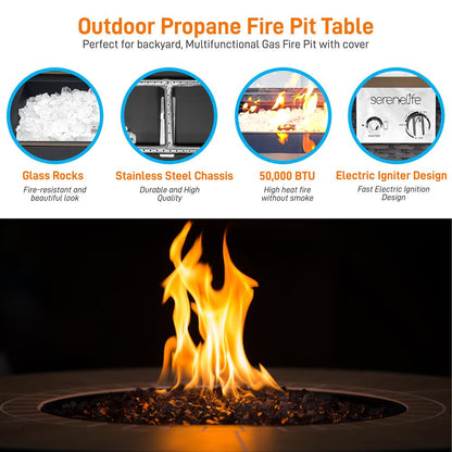 Outdoor Propane Fire Pit Table 50,000 BTU Auto-Ignition Glass Wind Guard, Rattan Brown