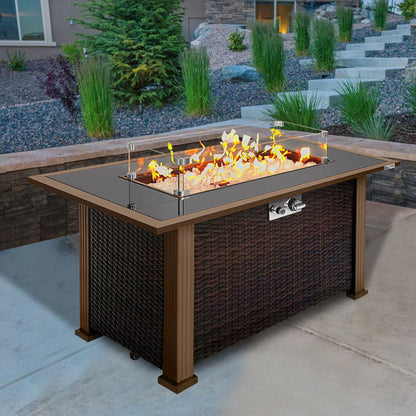 Outdoor Propane Fire Pit Table 50,000 BTU Auto-Ignition Glass Wind Guard