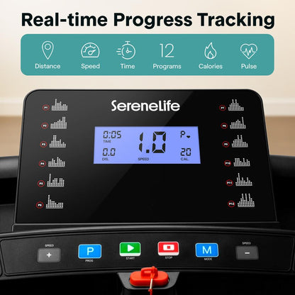 Serenelife Portable Folding Treadmill With Adjustable Incline, Led Control Panel, Bluetooth Speakers & 12 Pre-Set Workout Programs