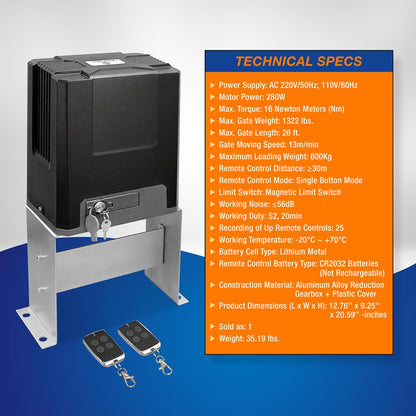 Automatic Sliding Gate Opener, Heavy Duty, Aluminum Alloy, 2 Remotes
