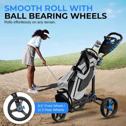 3-Wheel Golf Push Cart, Easy Fold, Aluminum Frame, Smooth Roll