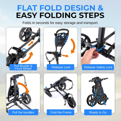 3-Wheel Golf Push Cart, Easy Fold, Aluminum Frame, Smooth Roll