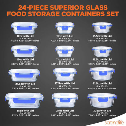 24-Piece Glass Storage Set, Leak-Proof, High Borosilicate, Blue