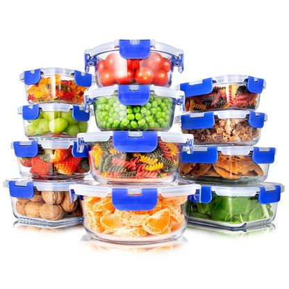 24-Piece Glass Storage Set, Leak-Proof, High Borosilicate, Blue