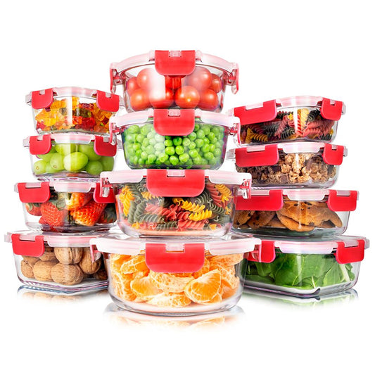 24-Piece Glass Storage Set, Leak-Proof, High Borosilicate, Red Lids