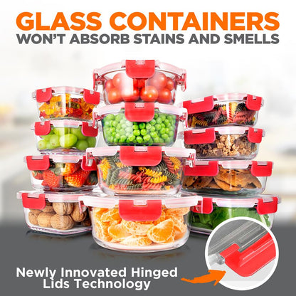 24-Piece Glass Storage Set, Leak-Proof, High Borosilicate, Red Lids