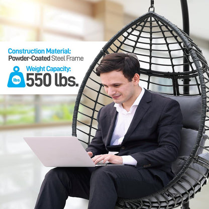 Hanging Egg Chair for Relaxation, Wicker Rattan, Powder-Coated Steel, Gray