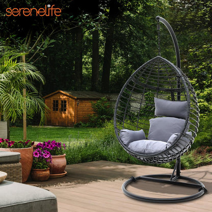 Hanging Egg Chair for Relaxation, Wicker Rattan, Powder-Coated Steel, Gray