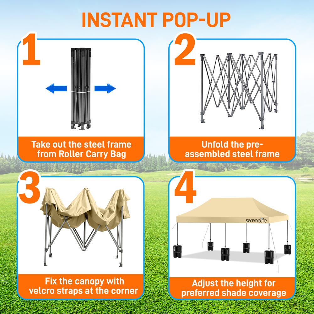 pop up tent mechanism SereneLife SLGZ20K Pop Up Canopy Tent, 10x20, Khaki