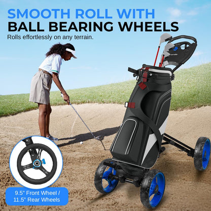 Foldable 4-Wheel Golf Push Cart - New Deluxe Ai Frame Trolley, Upper & Lower Brackets With Elastic Strap, Without Umbrella Holder