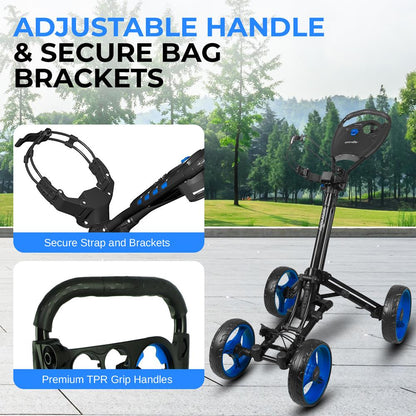 Foldable 4-Wheel Golf Push Cart - New Deluxe Ai Frame Trolley, Upper & Lower Brackets With Elastic Strap, Without Umbrella Holder