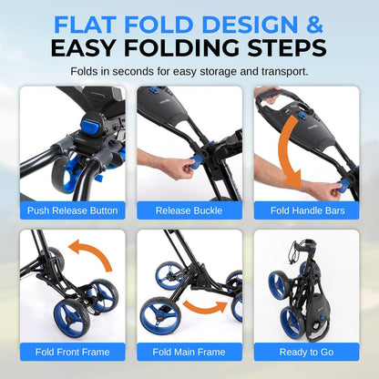 Foldable 4-Wheel Golf Push Cart - New Deluxe Ai Frame Trolley, Upper & Lower Brackets With Elastic Strap, Without Umbrella Holder