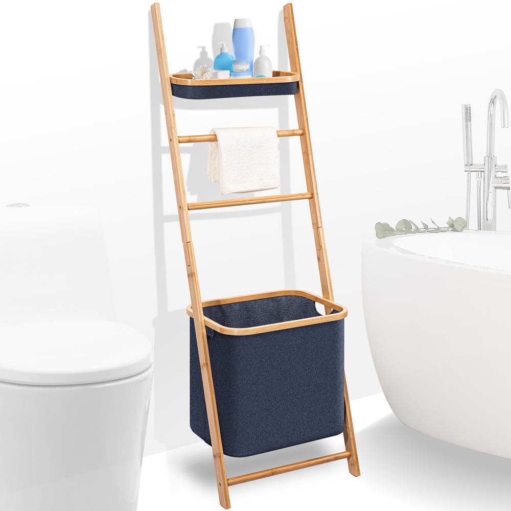 SereneLife Bamboo Leaning Shelf With Storage Hamper - Thumbnail 3