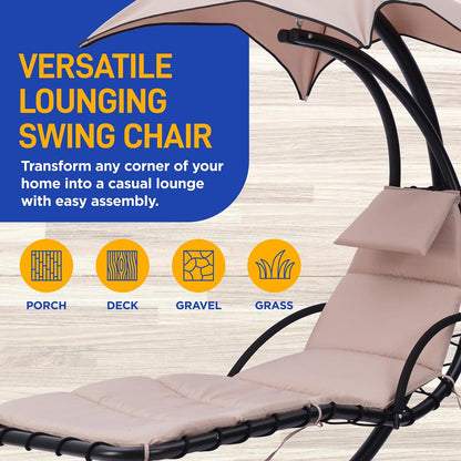 Outdoor Hanging Chaise Lounge Chair, UV Protection, Steel Frame, Beige