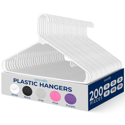 Plastic Hangers 200 Pcs, Durable Slip Design, Space-Saving, White