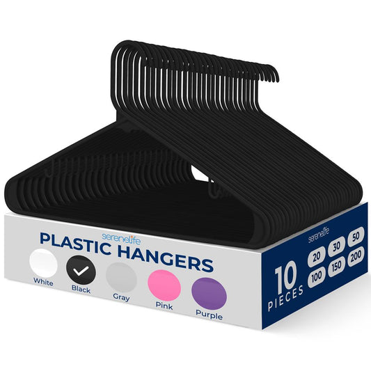 Plastic Hangers 10 Pack - Space-Saving, Non-Slip, Ultra-Thin, Black