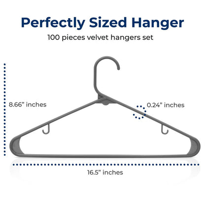 100 Pack Non-Slip Space-Saving Plastic Hangers, Ultra-Thin, Gray