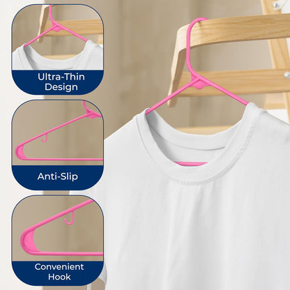 50 Pack Non-Slip Plastic Hangers, Space-Saving, Pink, 360° Swivel Hook