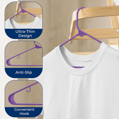 Plastic Hangers 10-Pack, Space-Saving Non-Slip Design, Purple