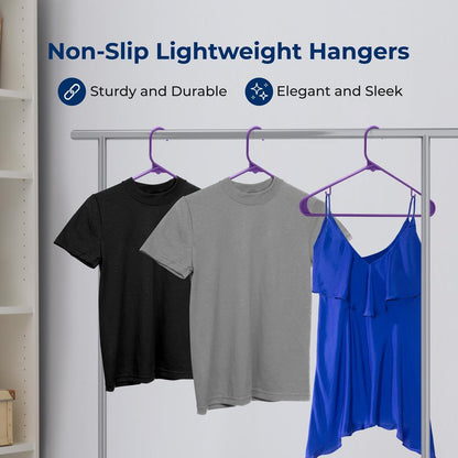 50 Pack Non-Slip Space-Saving Plastic Hangers, Sturdy, Purple