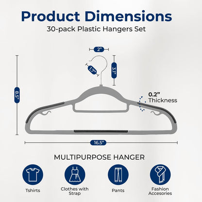 30-Pack Non-Slip Clothes Hangers, Space-Saving ABS Plastic, Grey