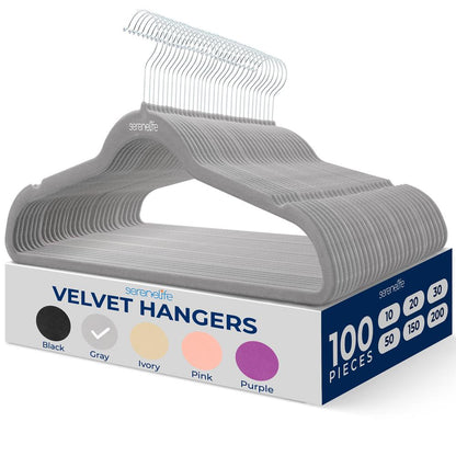 Velvet Hangers 100-Pack, Non-Slip, Space-Saving, 360° Swivel, Gray